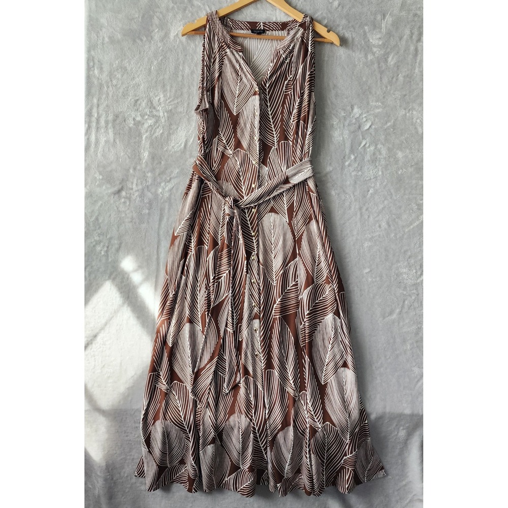 Talbots Dress Womens Size XL Brown Leaf Print Maxi Button Front Tie Belt Resort